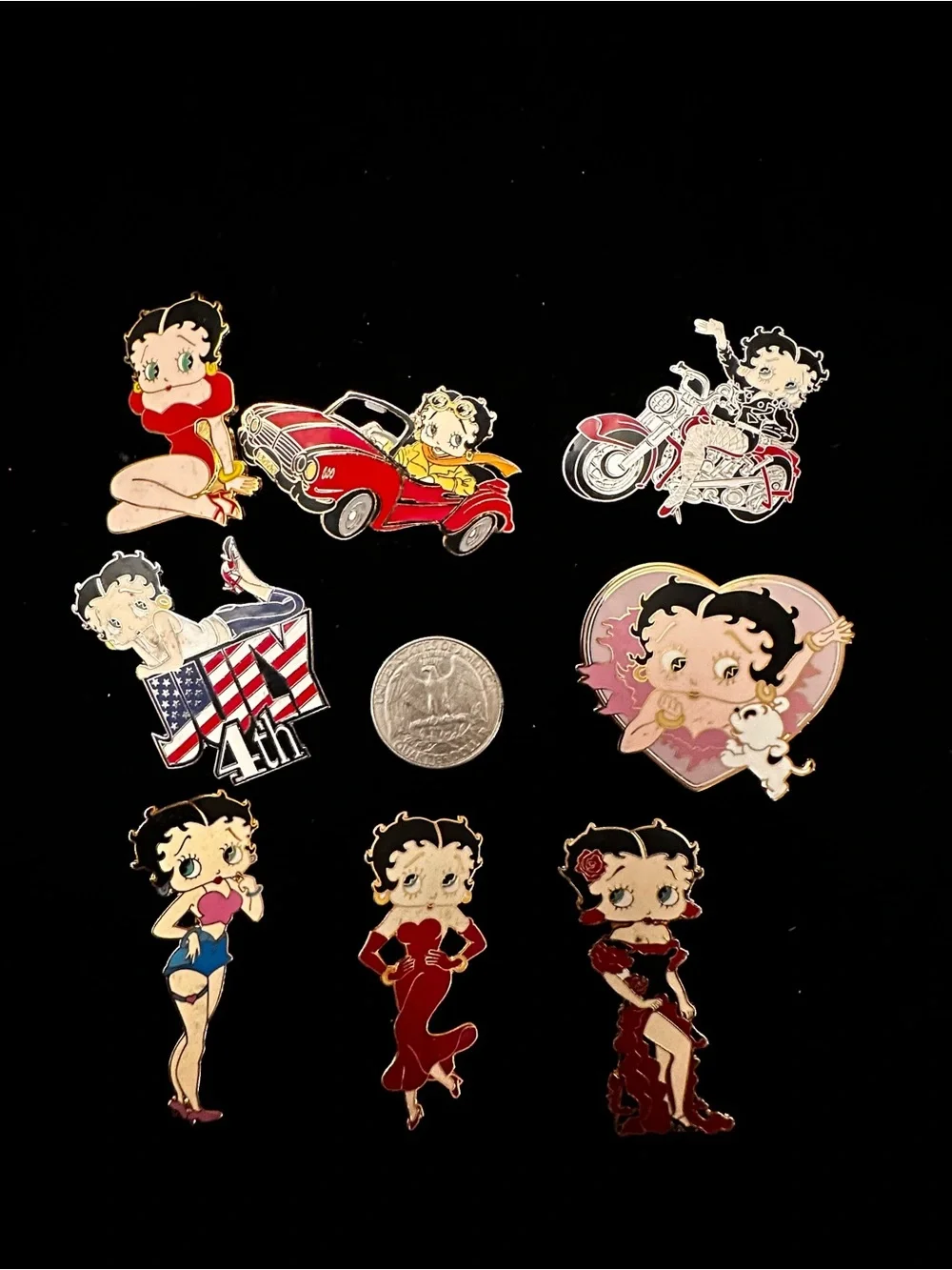 Vintage Betty Boop Enamel Pin/Brooch Lot - Red, Pink, Black Accents/8 pc Lot